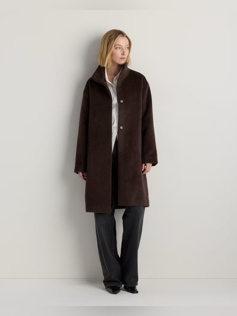 Alpaca-Wool Stand Collar Coat in Coffee Bean Brown size L